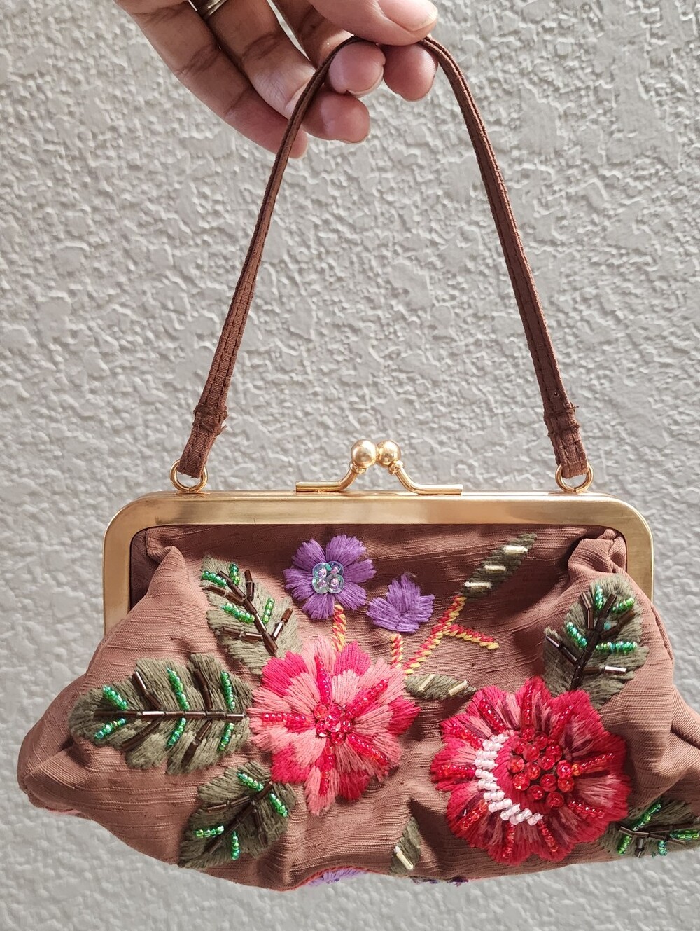 Paradox Embroidered Brown Floral Beaded Kiss-Lock Clutch Boho Maximalist Bag